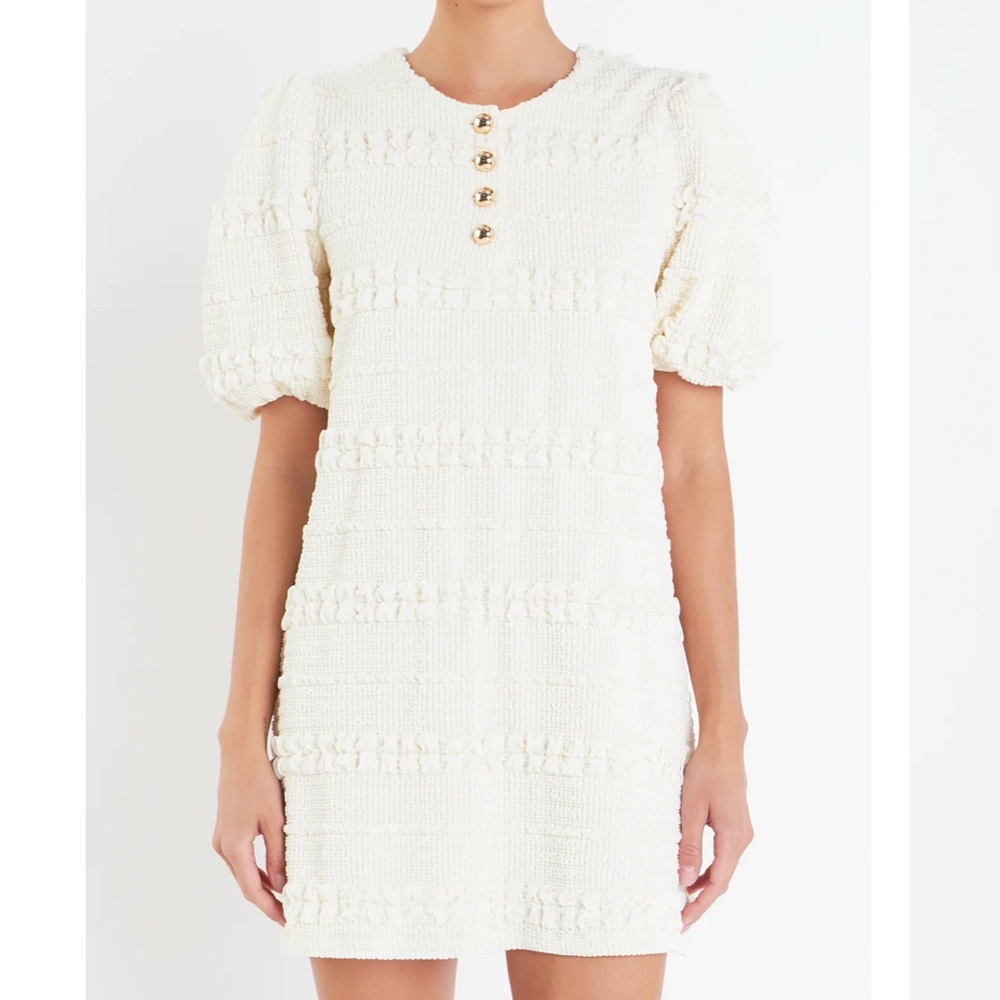NWT English Factory Cream Smocked Mini Short Sleeve Dress with Gold Buttons